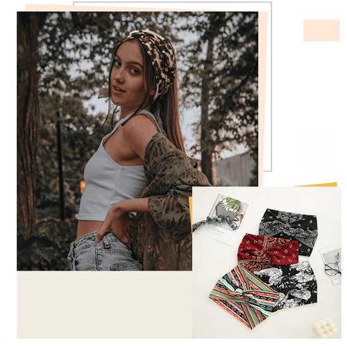 Bohemian-style hairband with a paisley print, wide elasticated hairband