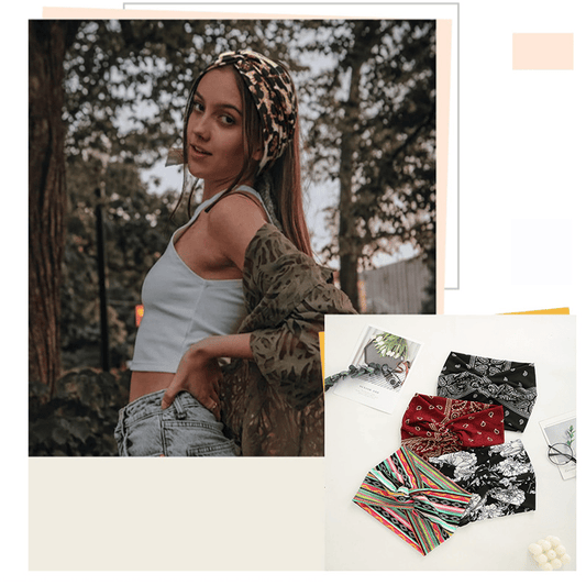 Bohemian-style hairband with a paisley print, wide elasticated hairband
