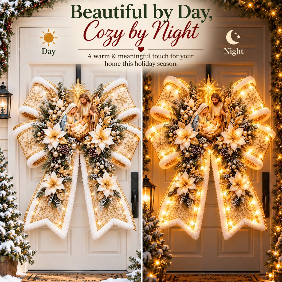 🙏🎀 Christian Christmas Blessing Bows – Lighted Religious Christmas Door Hangers