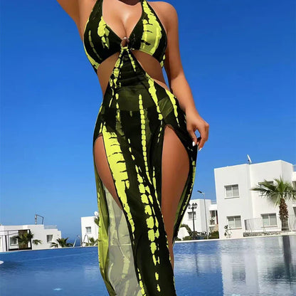 ✨ Striped Two-Piece Swimsuit – Bow Neck, Ring Detail, High Stretch 🌊