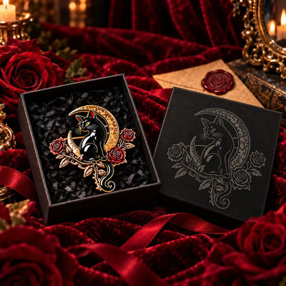 🐈‍⬛🌙 Black Cat Crescent Moon Brooch – Gothic Rose Statement Pin