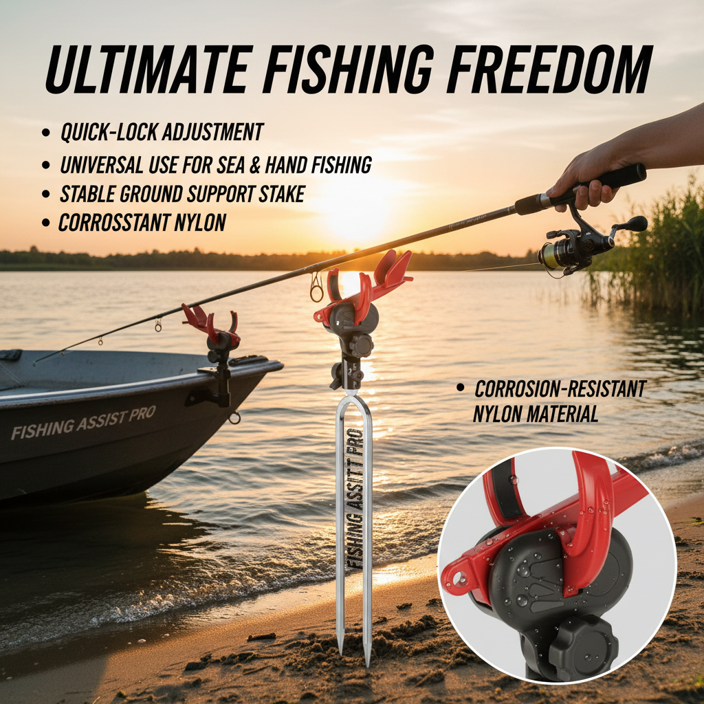 Adjustable fishing rod holder with ground spike for shore fishing