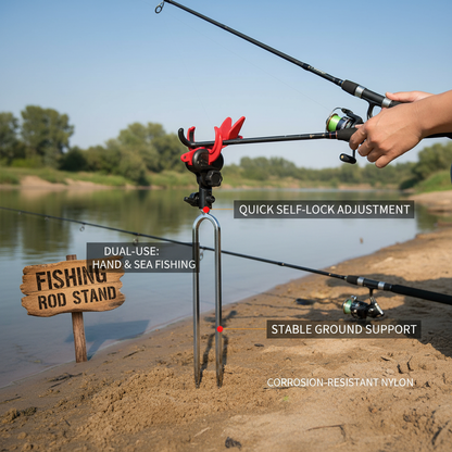 Adjustable fishing rod holder with ground spike for shore fishing