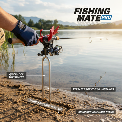 Adjustable fishing rod holder with ground spike for shore fishing