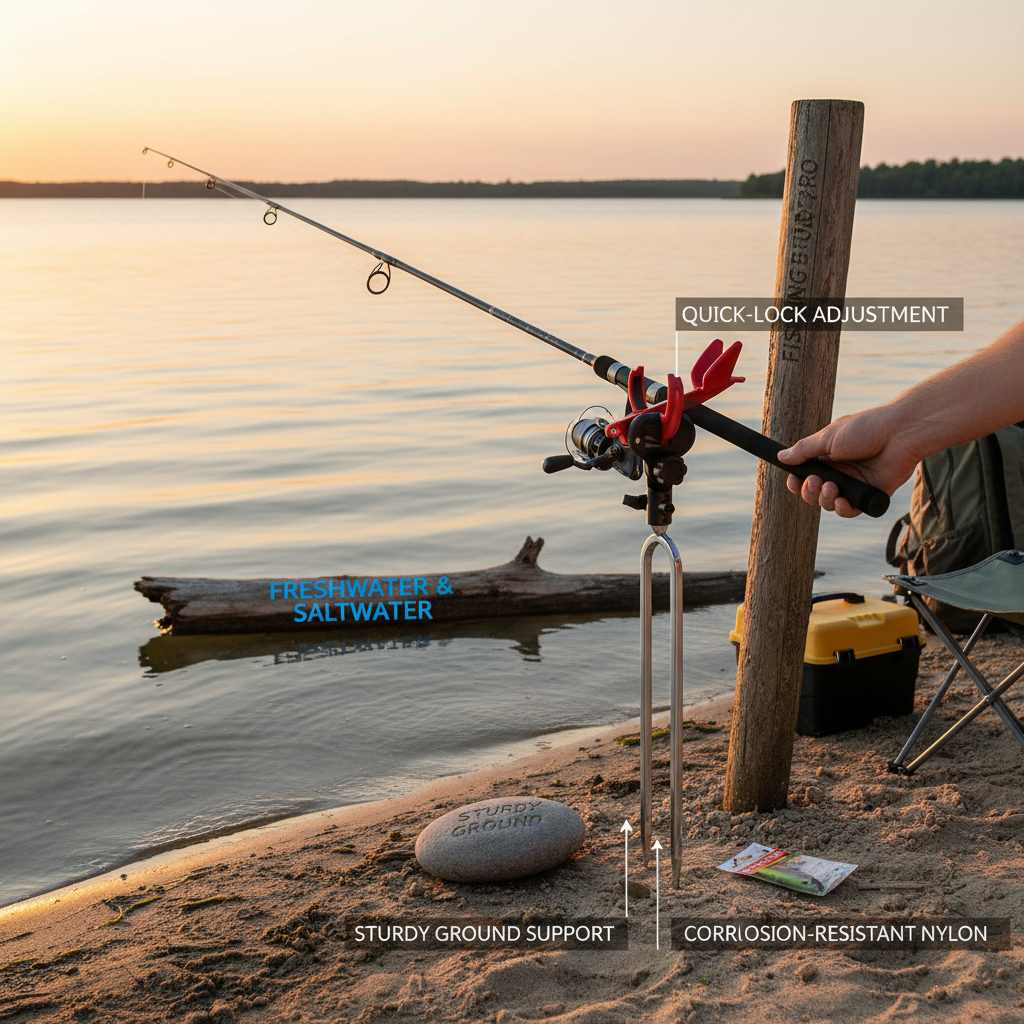 Adjustable fishing rod holder with ground spike for shore fishing