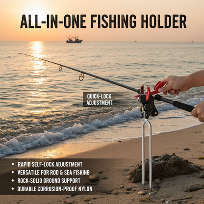 Adjustable fishing rod holder with ground spike for shore fishing