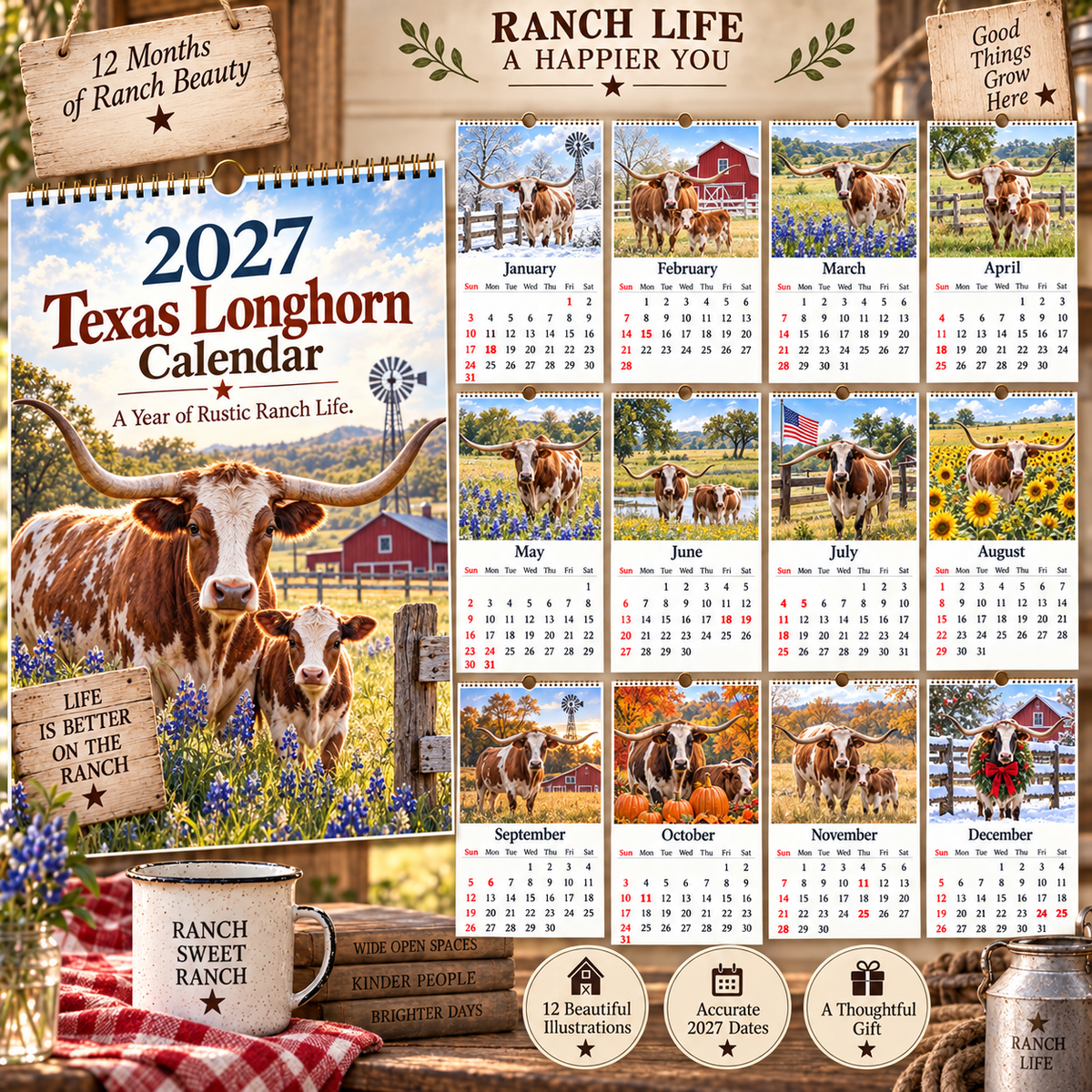 📅 2027 Texas Longhorn Calendar｜A4 Hanging Calendar