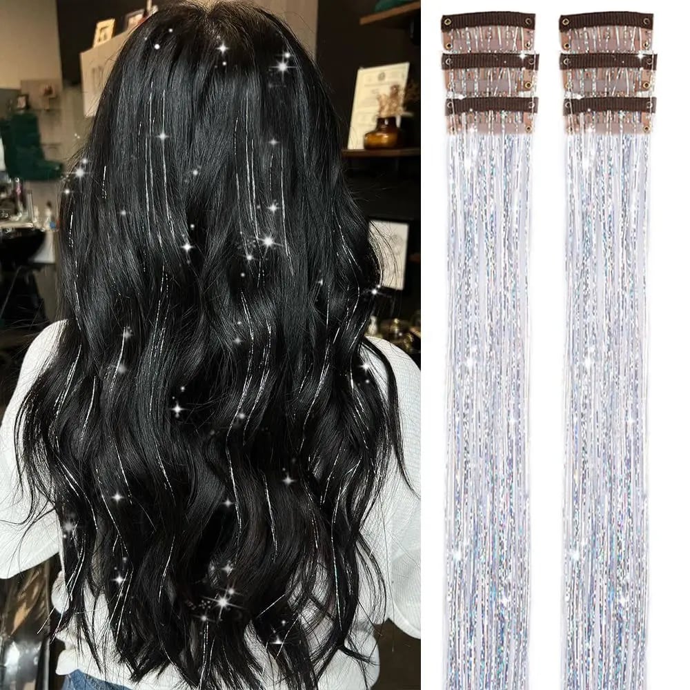 ✨ Clip in Hair Tinsel 24 Inch | 6 Pcs Glitter Fairy Hair Extensions 🥳