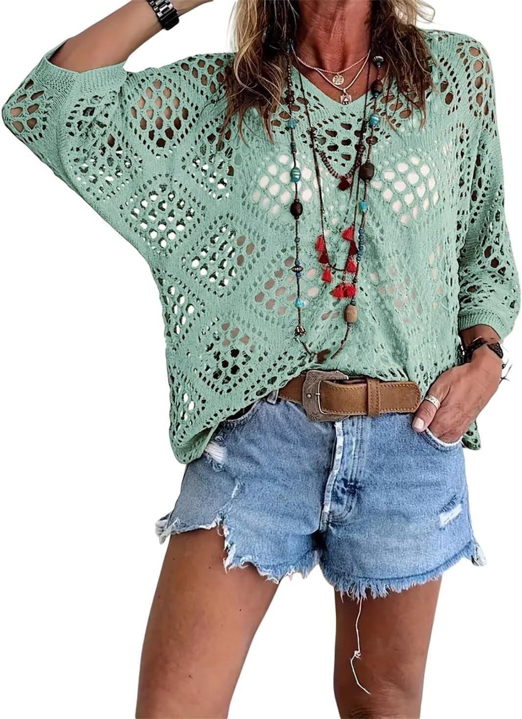 🌿 Handmade Crochet V‐Neck Boho Top | Apricot Summer Essential