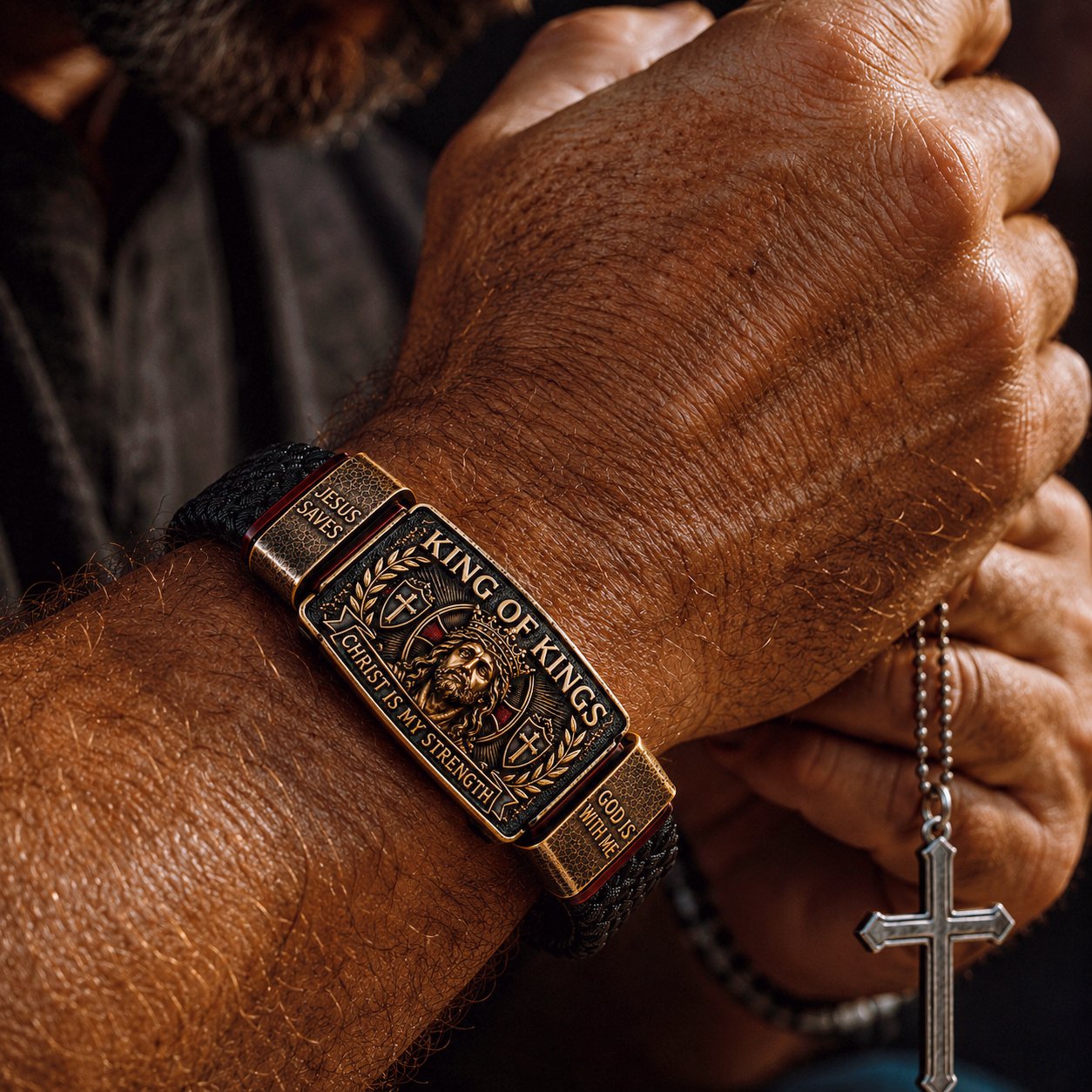 ✝3D Engraved Christ Is My Strength Bracelet, Faith-Forged Metal & Braided Band, Spiritual Reminder for Christian Dads