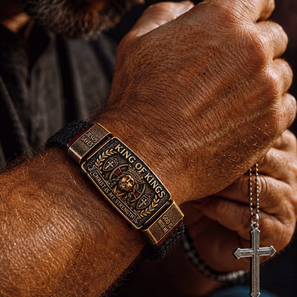 ✝3D Engraved Christ Is My Strength Bracelet, Faith-Forged Metal & Braided Band, Spiritual Reminder for Christian Dads