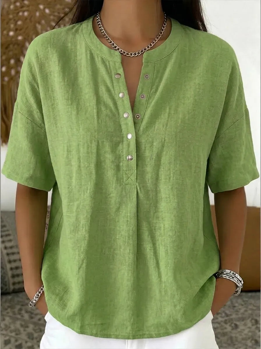 New Arrivals🔥Women's Casual Henley Collar Linen And Cotton Short-sleeve Shirt
