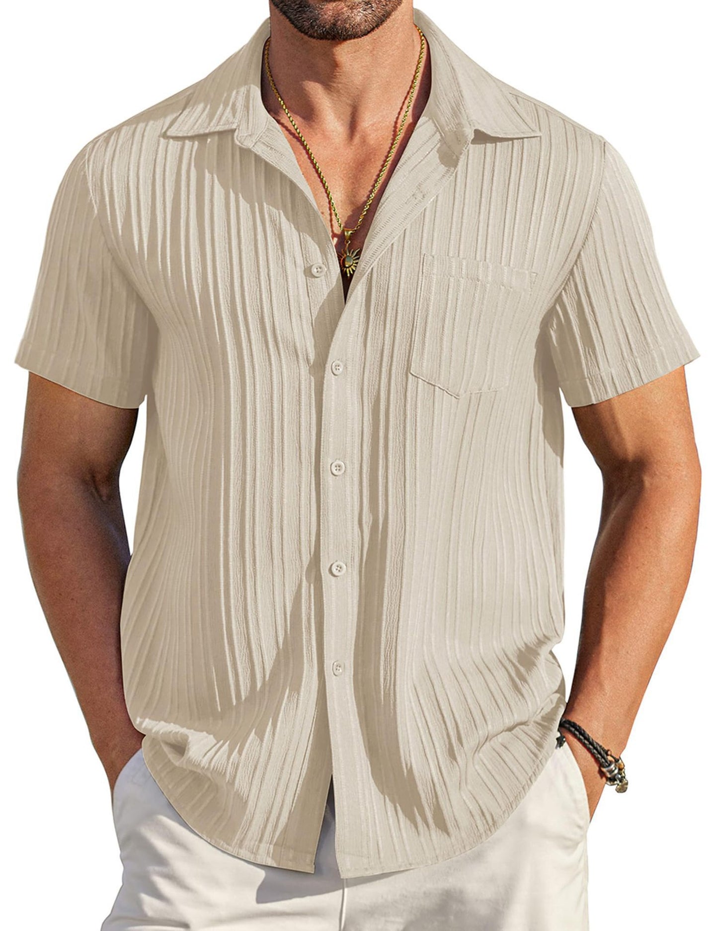 🏆Flash Sale⚡ 50K+ SOLD! Almost Gone-💥Men's Casual Button Down Shirts Short Sleeve Textured Summer Beach Shirt with Pocket