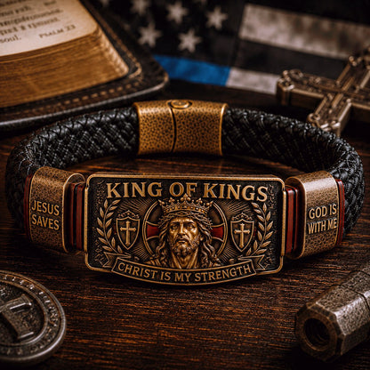 ✝3D Engraved Christ Is My Strength Bracelet, Faith-Forged Metal & Braided Band, Spiritual Reminder for Christian Dads
