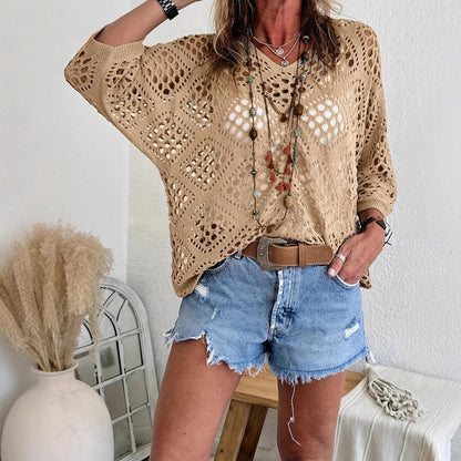 🌿 Handmade Crochet V‐Neck Boho Top | Apricot Summer Essential
