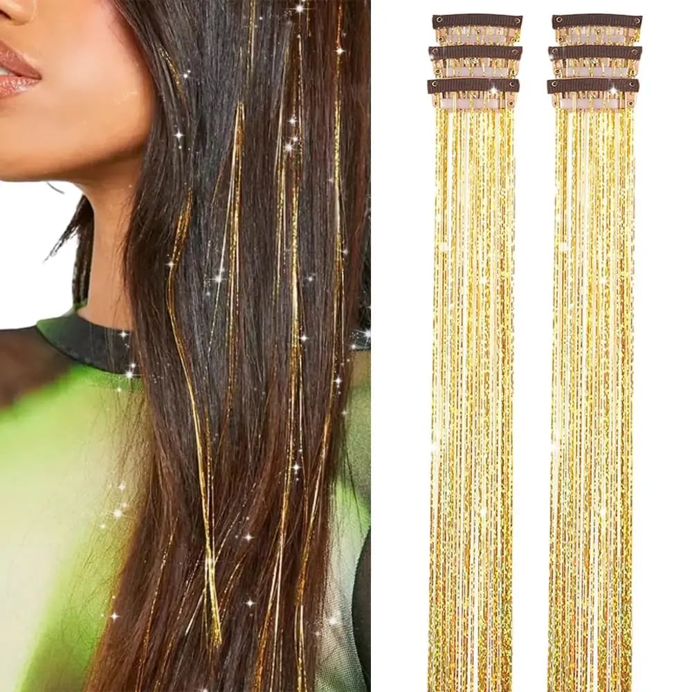 ✨ Clip in Hair Tinsel 24 Inch | 6 Pcs Glitter Fairy Hair Extensions 🥳