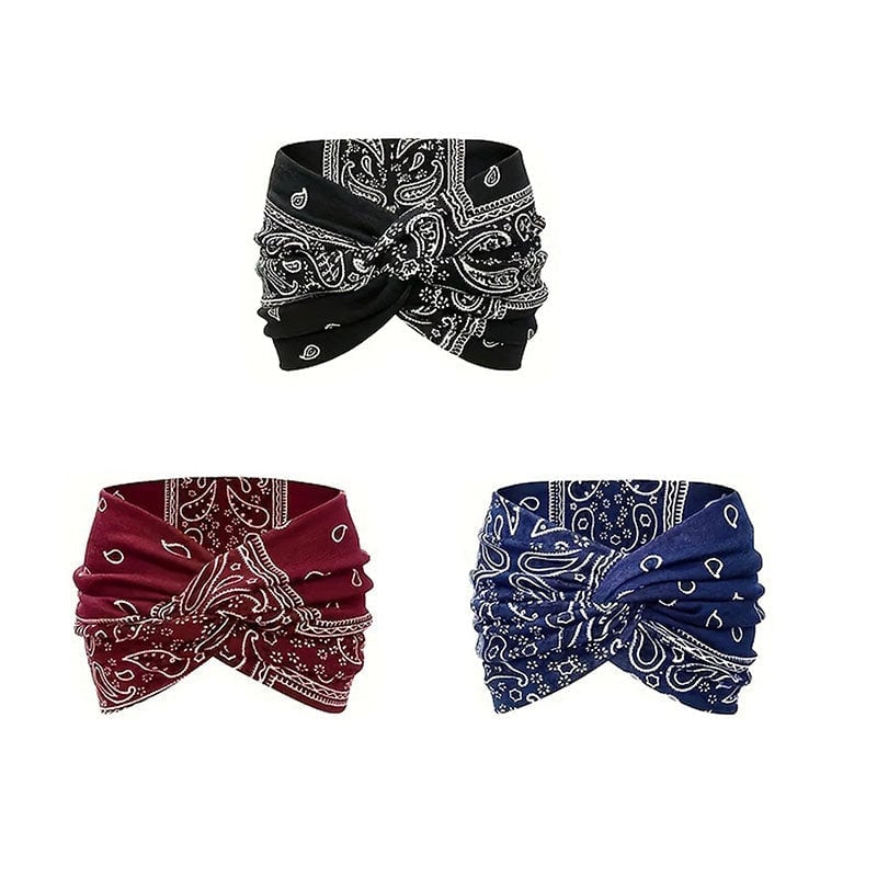 Bohemian-style hairband with a paisley print, wide elasticated hairband