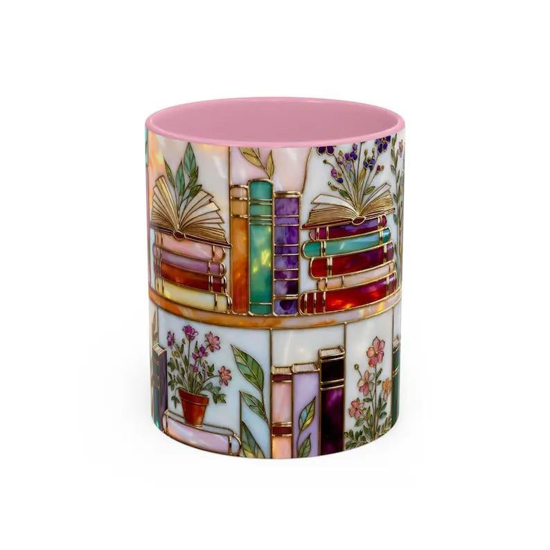 ☕📚Stained-Glass Ceramic Mug- Book Lover Gift, Floral Bookshelf Mug, Coffee & Tea Cup🌈(Buy 2 Free Shipping)