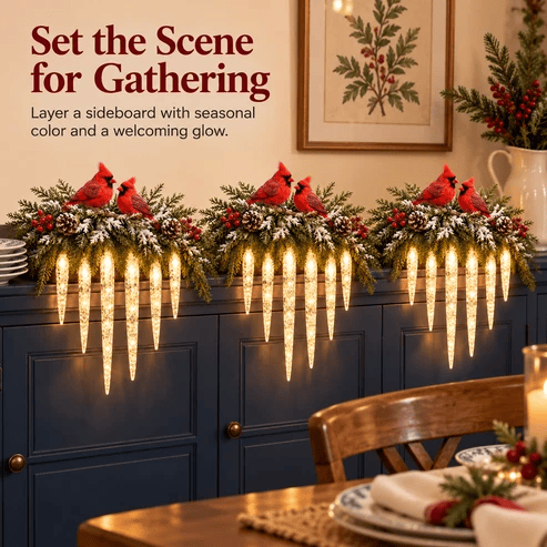 ✨Cardinal Winter Glow — Lighted Snowy Cedar & Icicle Christmas Decor