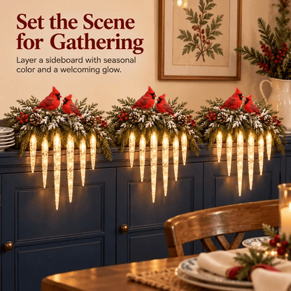 ✨Cardinal Winter Glow — Lighted Snowy Cedar & Icicle Christmas Decor