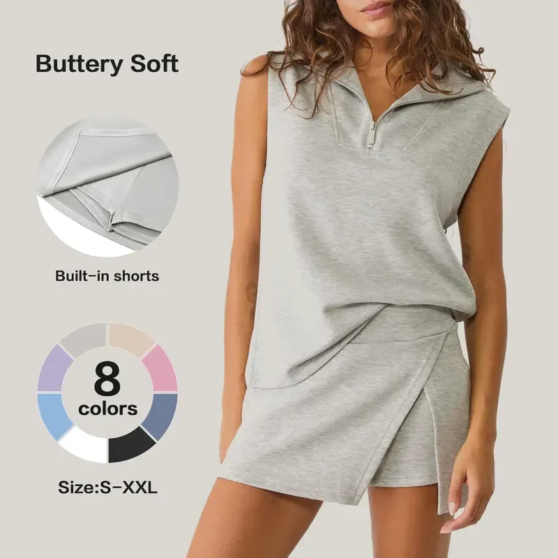 Womens 2 Piece Skirt Sets Summer Sleeveless Half Zip Sweatshirt Athletic Skorts Tennis Outfits Casual Sweatsuits