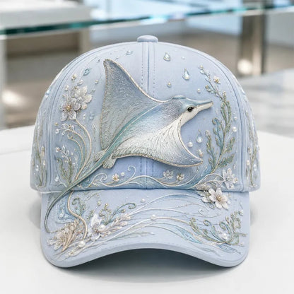 🌊 Ocean Sea Creature Pattern Cap | Pearl & Crystal Accent Adjustable Hat for Beach, Travel & Everyday Wear