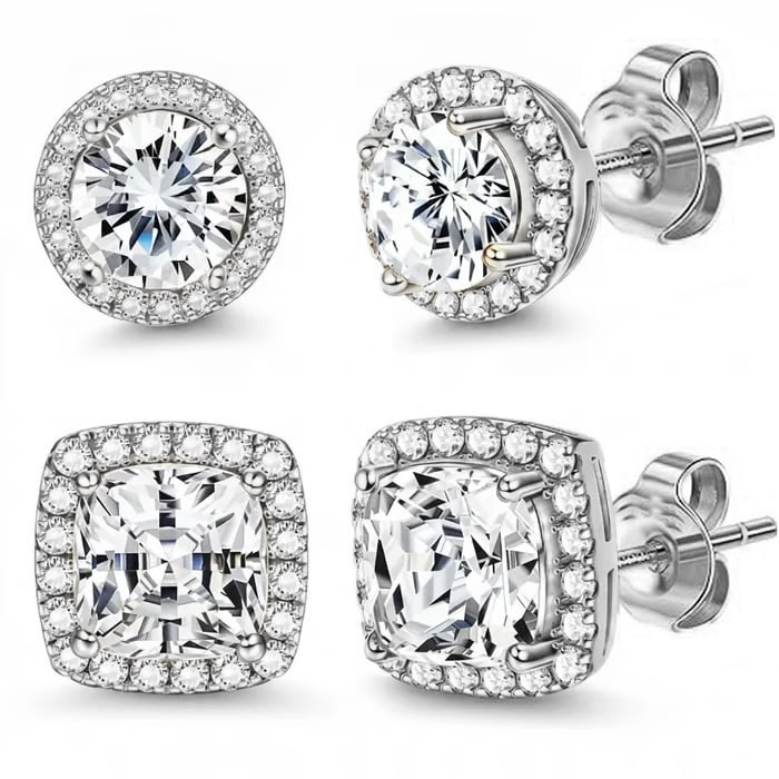 Halo Stud Earrings 4-Pack(Buy 1 get 1 free) - Gold & Silver Round/Square Styles