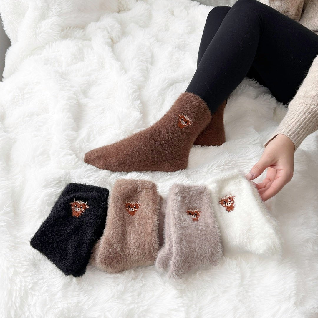 5 Pairs Cartoon Highland Cow Plush Socks for Cold-Free Home Comfort Warmth