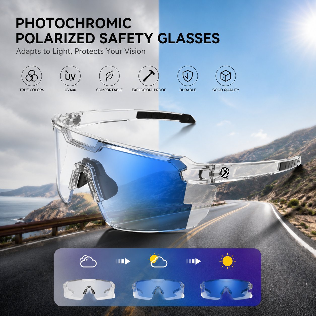 ☀️UV400 Photochromic Polarized Safety Glasses – 🥇Impact Resistant Outdoor Sports & Work Eyewear