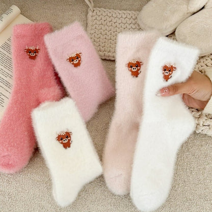 5 Pairs Cartoon Highland Cow Plush Socks for Cold-Free Home Comfort Warmth