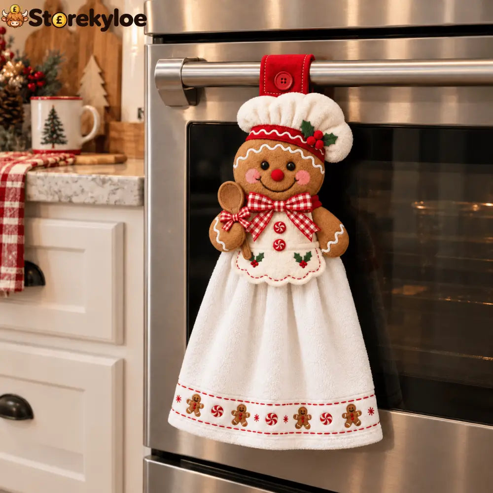 🎄 Christmas Hanging Hand Towel | Button-On Loop Keeps It Within Reach - Gingerbread Baker