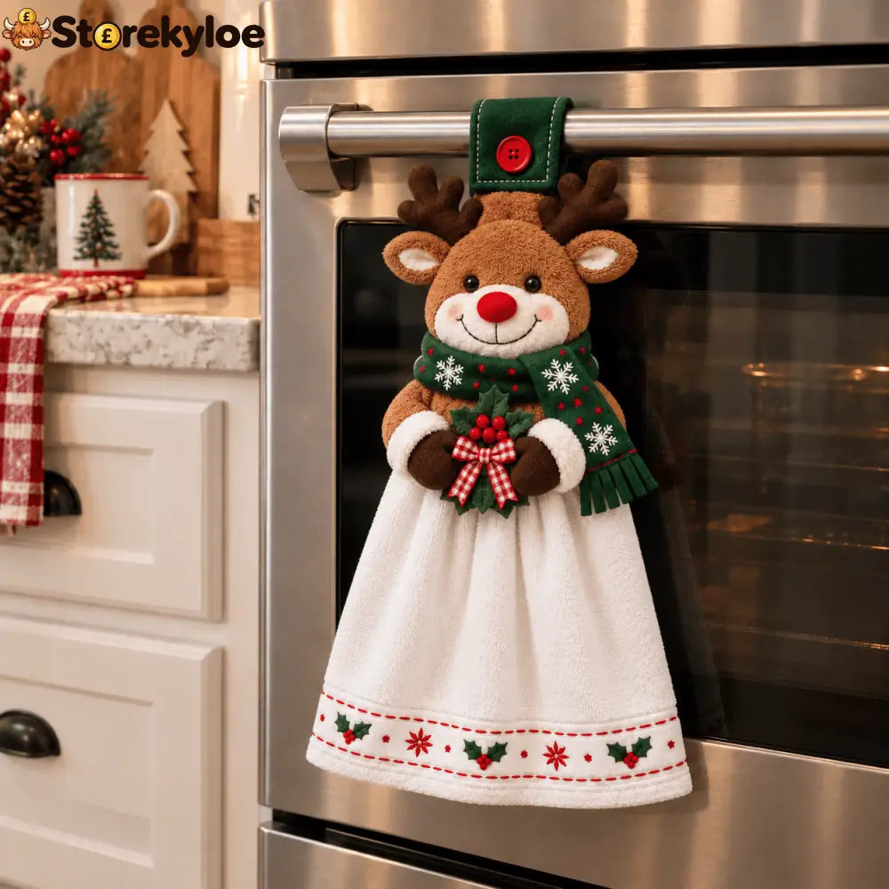 🎄 Christmas Hanging Hand Towel | Button-On Loop Keeps It Within Reach - Reindeer