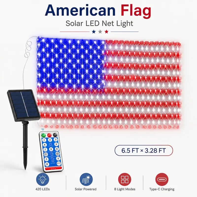 ⚡Hot Sales 🔥Solar American Flag Lights Outdoor American Flag Net Lights