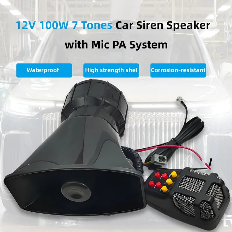 12V Power Car Exterior Sound Speaker Kit with Mic, 7-Tone Horn, Car Alarm, Loud Sound, ABS Plastic Universal Vehicle Horn Accessory, Accessories For Car, Auto Accessories