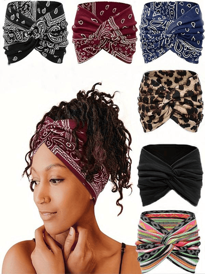 Bohemian-style hairband with a paisley print, wide elasticated hairband