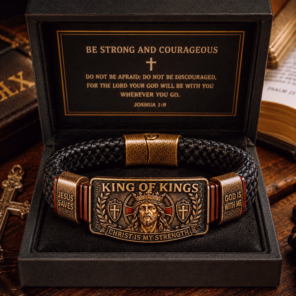 ✝3D Engraved Christ Is My Strength Bracelet, Faith-Forged Metal & Braided Band, Spiritual Reminder for Christian Dads