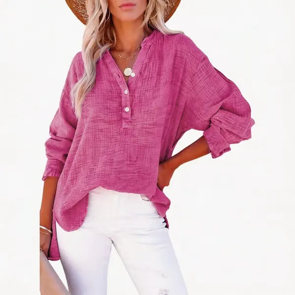 🔥Womens Casual Gauze Button Neck Long Sleeve Oversized BlousesTops