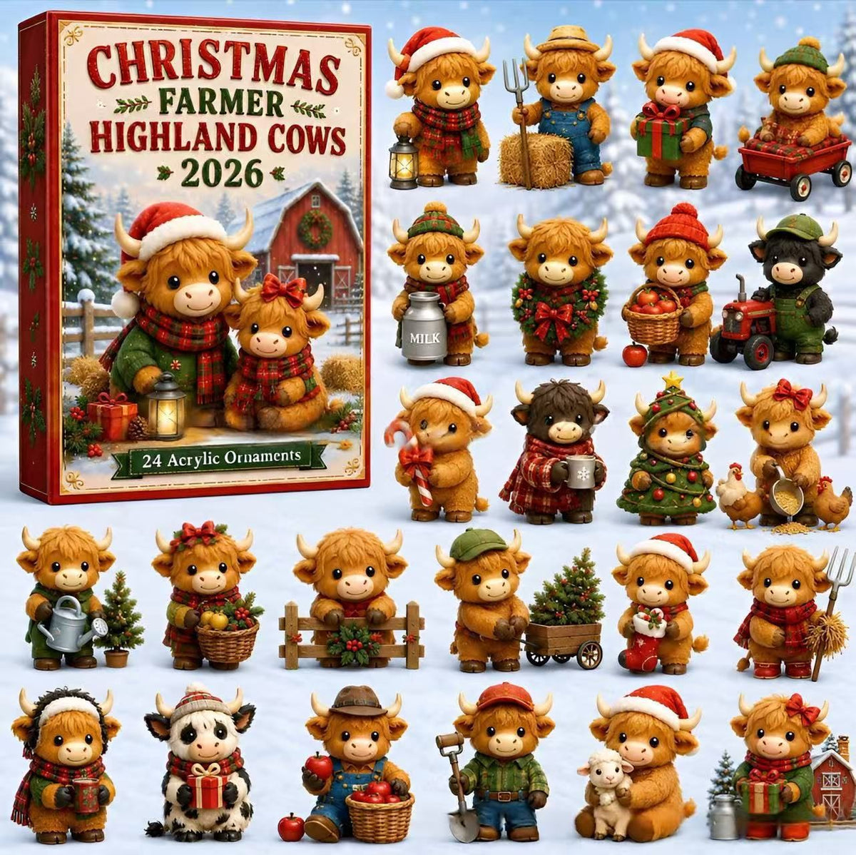 CHRISTMAS KICKOFF 49% OFF - 2026 Christmas Farmer Highland Cows Advent Calendar - 24‑Day Festive Countdown, Highland Cow Farm Christmas Acrylic Ornaments Blind Box - Gift For Highland Cow & Farm Animal Lovers