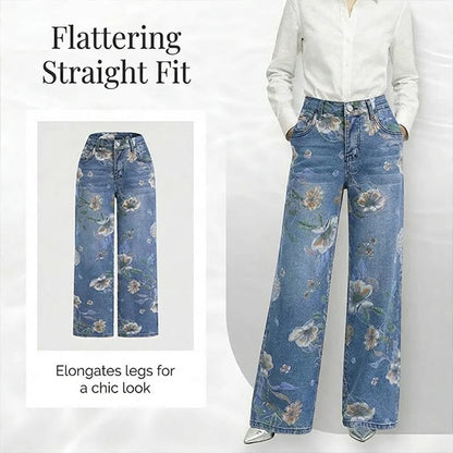 🌸 Women's Floral Print Straight-Leg Jeans – Stretchy denim, vintage vibe & perfect for everyday casual chic ✨