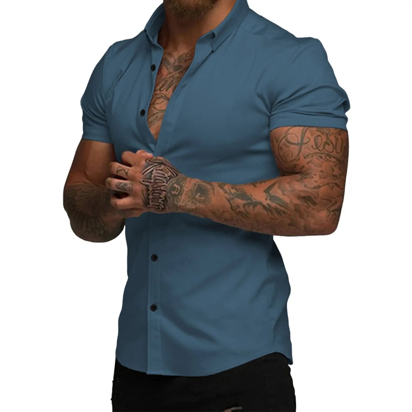 Mens Muscle Fit Dress Shirts Casual Button Down Shirt Short Sleeve Wrinkle-Free Shirts