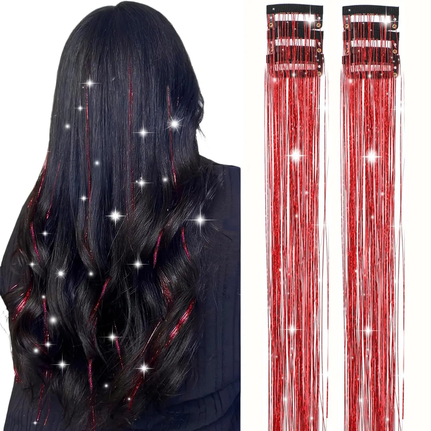 ✨ Clip in Hair Tinsel 24 Inch | 6 Pcs Glitter Fairy Hair Extensions 🥳