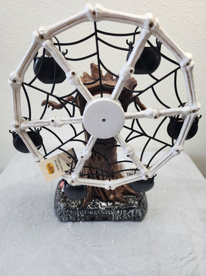 🛫Rotating Halloween Ghost Tree Ferris Wheel Table Decor, LED Light Up Skeleton Spider Web Spooky Figurine with Sound
