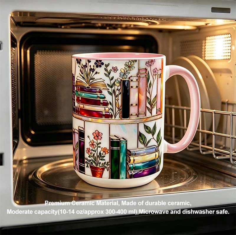 ☕📚Stained-Glass Ceramic Mug- Book Lover Gift, Floral Bookshelf Mug, Coffee & Tea Cup🌈(Buy 2 Free Shipping)