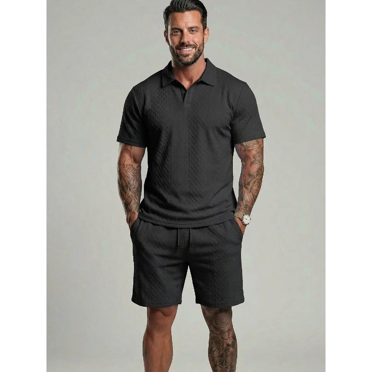 ⚡Hot Sales 49% OFF🔥Men's Solid Polo Shirt & Drawstring Waist Shorts Set Cozy Breathable Two-piece Outfits for Daily Outdoor Wear