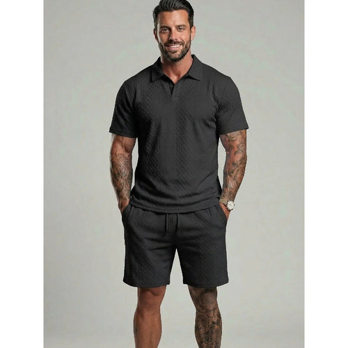 ⚡Hot Sales 49% OFF🔥Men's Solid Polo Shirt & Drawstring Waist Shorts Set Cozy Breathable Two-piece Outfits for Daily Outdoor Wear