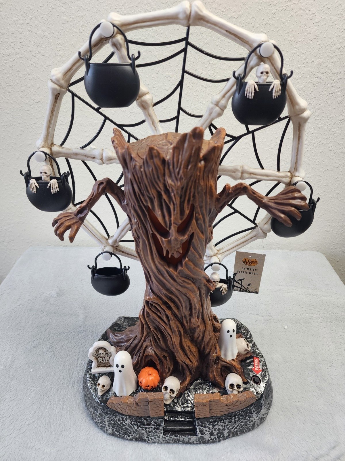 🛫Rotating Halloween Ghost Tree Ferris Wheel Table Decor, LED Light Up Skeleton Spider Web Spooky Figurine with Sound