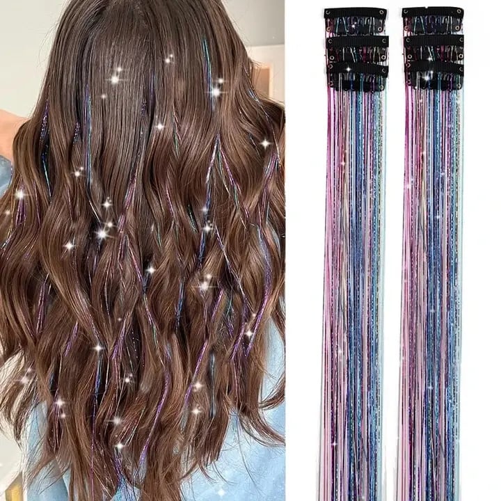 ✨ Clip in Hair Tinsel 24 Inch | 6 Pcs Glitter Fairy Hair Extensions 🥳