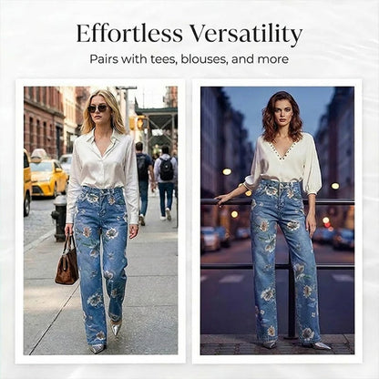 🌸 Women's Floral Print Straight-Leg Jeans – Stretchy denim, vintage vibe & perfect for everyday casual chic ✨