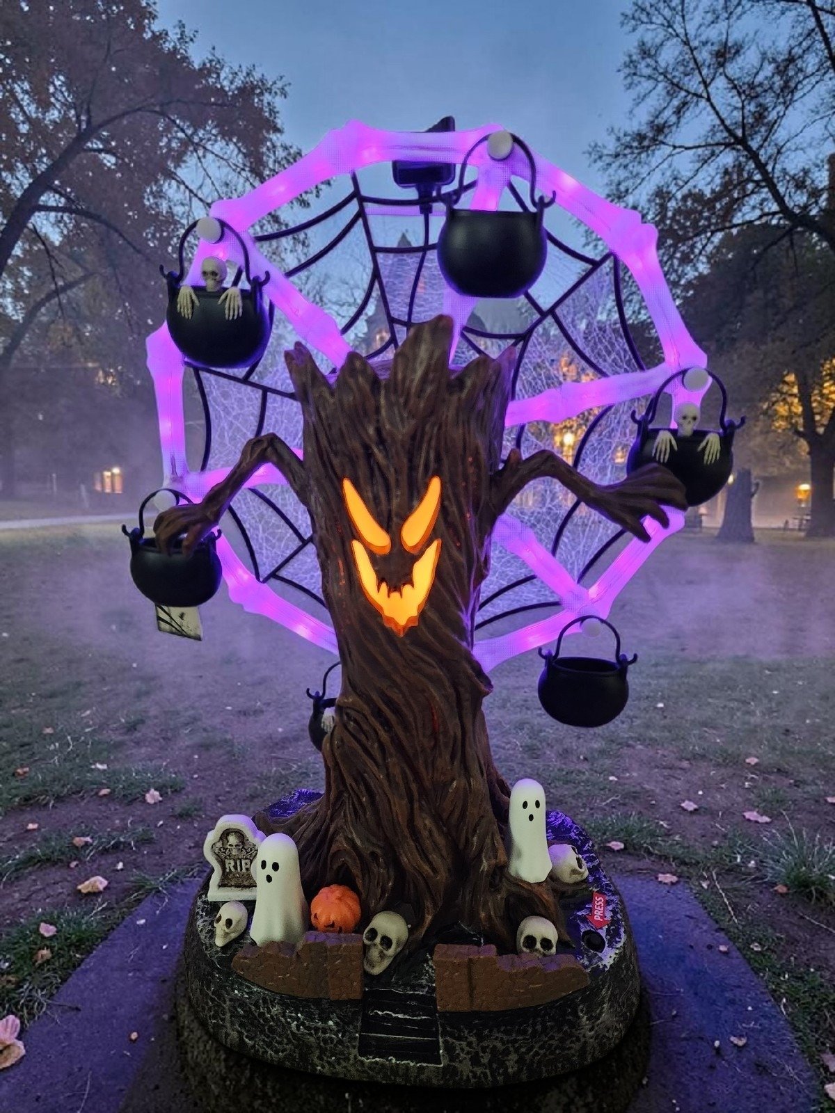 🛫Rotating Halloween Ghost Tree Ferris Wheel Table Decor, LED Light Up Skeleton Spider Web Spooky Figurine with Sound