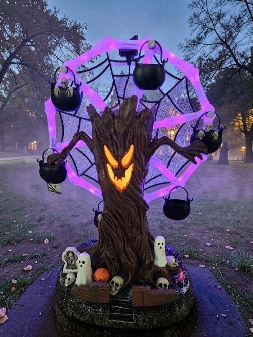 🛫Rotating Halloween Ghost Tree Ferris Wheel Table Decor, LED Light Up Skeleton Spider Web Spooky Figurine with Sound